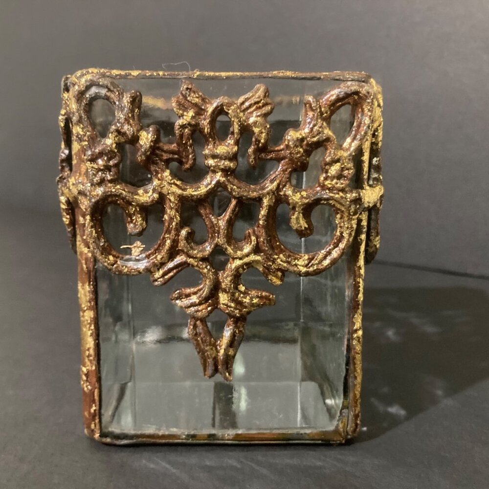 Antique Style Mirrored Beveled Glass Candle Holder Gold Tone Overlay